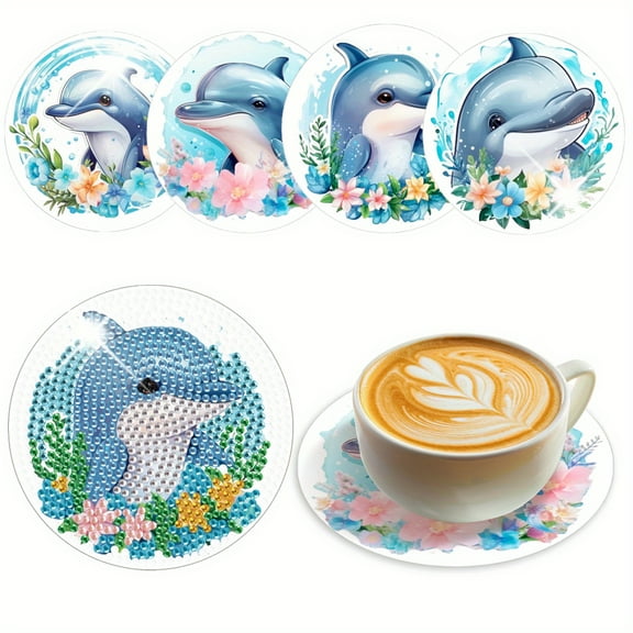 4pcs DIY Diamond Painting Coaster Kit with Flower and Whale Design and Stand, Perfect for Home Decor and Gift Giving