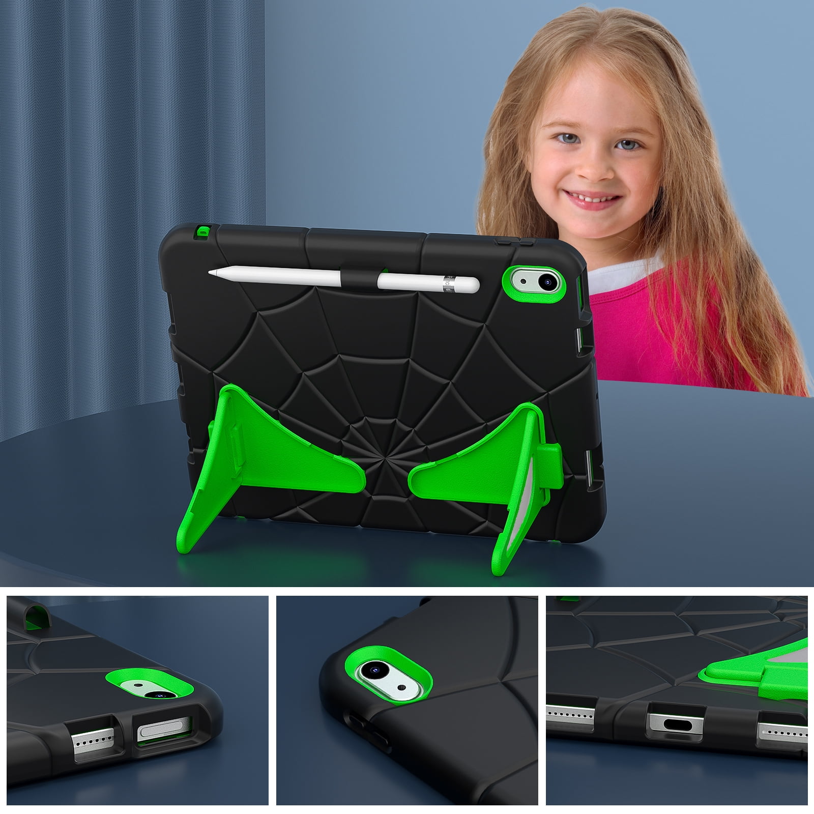 ELEHOLD Case For Apple iPad 11th(A16) 2025, Heavy Duty Shockproof Pencil Holder Foldable Kickstand Rugged Protective Cover Boys Children For iPad 11th 2025, Black+Green