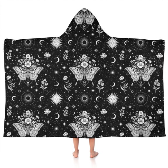 Black White Gothic Butterfly Sun Moon Flower Pattern Hooded Bath Towel,50"x30" for Ages 3 To 12 Kids, Quick Dry Lightweight Soft Microfiber Hood Beach Towel Cover Up for Kids