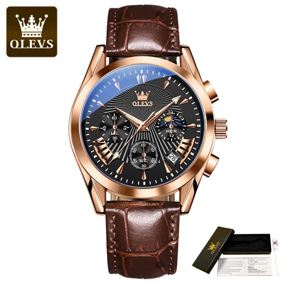 OLEVS 2881 Multifunctional Luxury Genuine Leather Strap Watches for Men Quartz Sport Waterproof Men Wristwatches Luminous