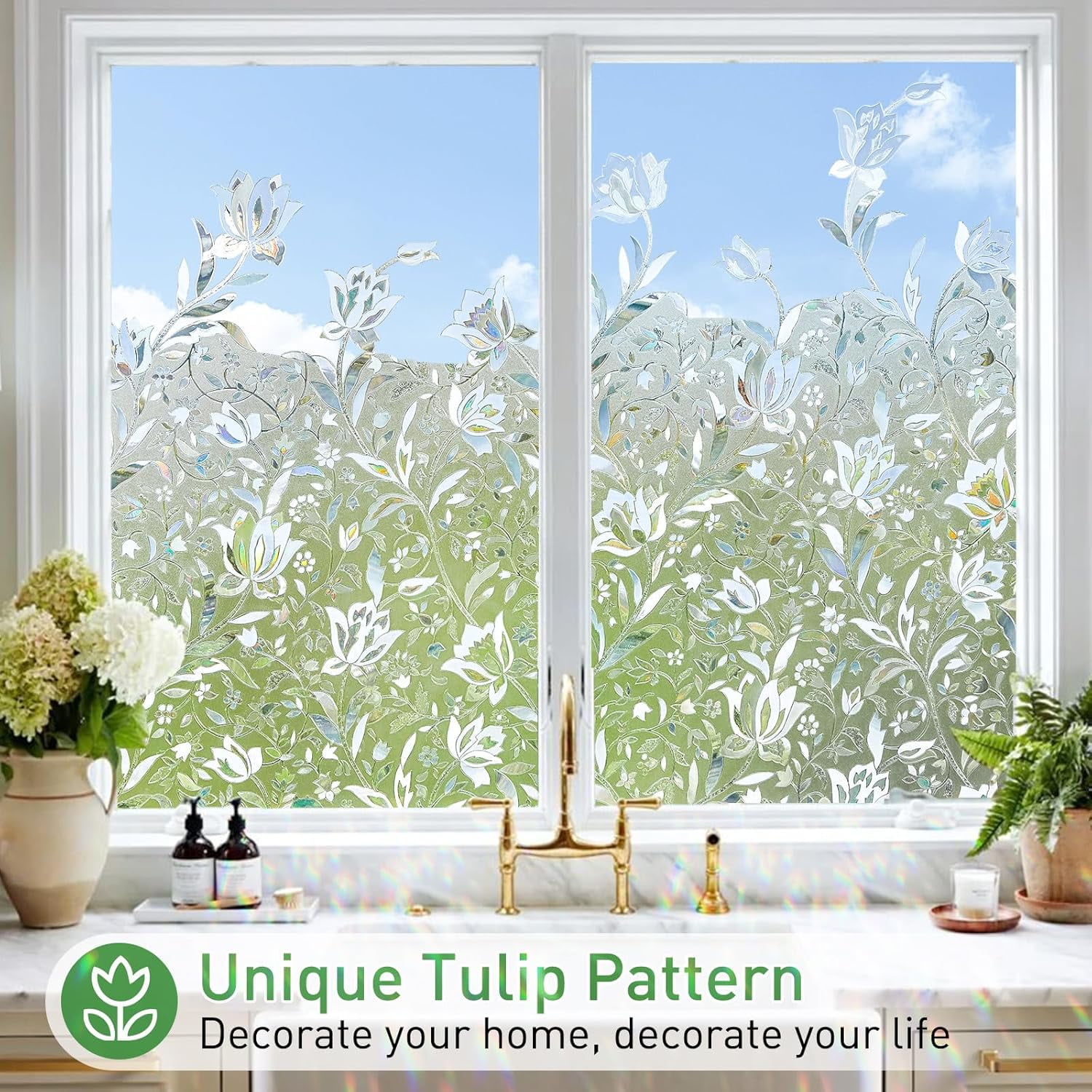 BSHAPPLUS® 17.7" x 78.7" Privacy Window Film,Tulip Rainbow Window Clings,Stained Glass Window Film,Non-Adhesive Window Tin,Anti UV Window Sticker for Home Kitchen Bathroom Office