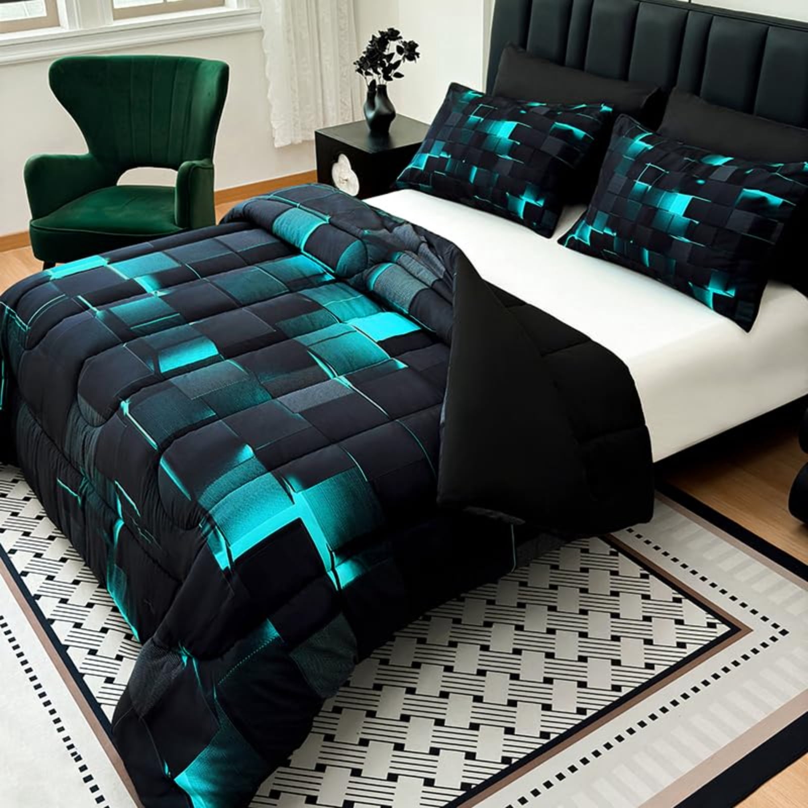 Flymme Black and Teal Comforter Set King Size,3 Piece Modern Neon Geometric Checkered Bedding Abstract Square Plaid Bed Set for Teen Men Gamer Room Decor