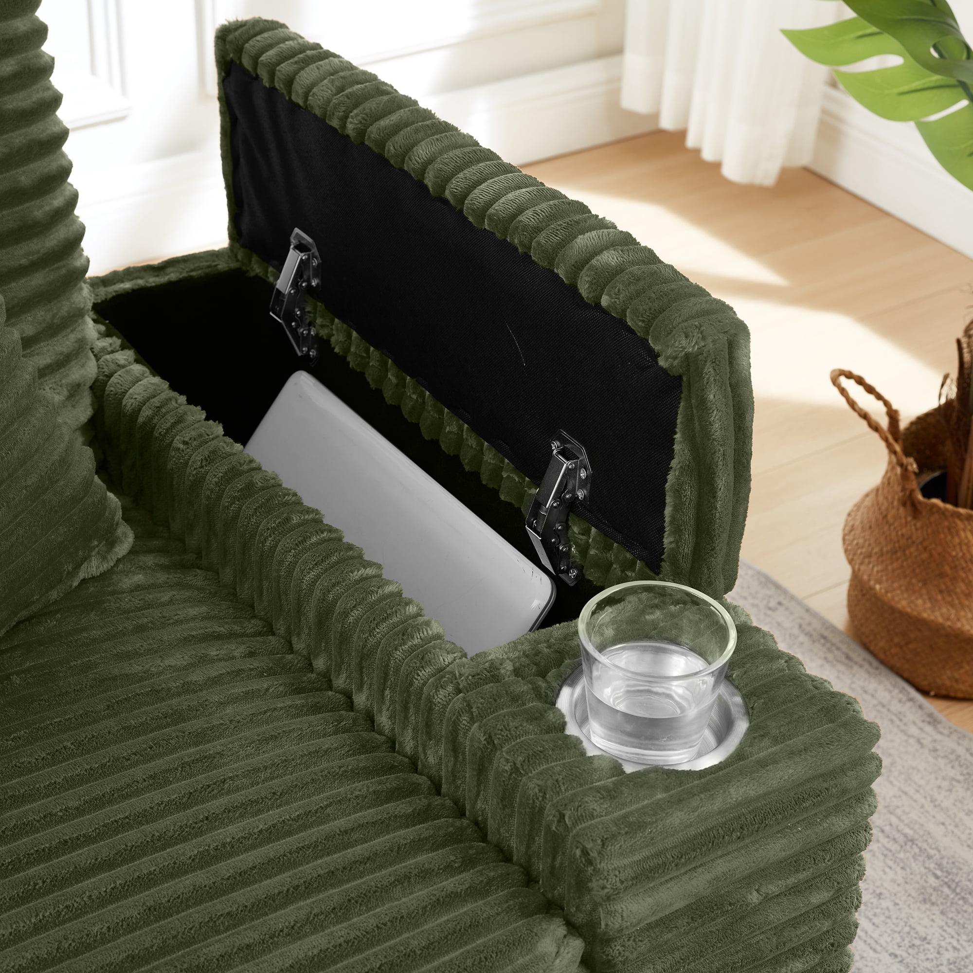 Aukfa Corduroy Chaise Lounge Chair with Ottoman, Hidden Rotating Table, Storage Armrest with Cup Holder, USB Port & Bluetooth Speaker, Olive