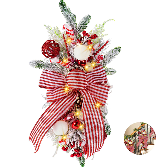 23 Inch Christmas Swag with Lights,Battery Operated Christmas Teardrop Swags with Pine Cones, Red Berries, Bow, Balls, Prelit Stairway Swag Christmas Wreath for Stair Railing Front Door Window