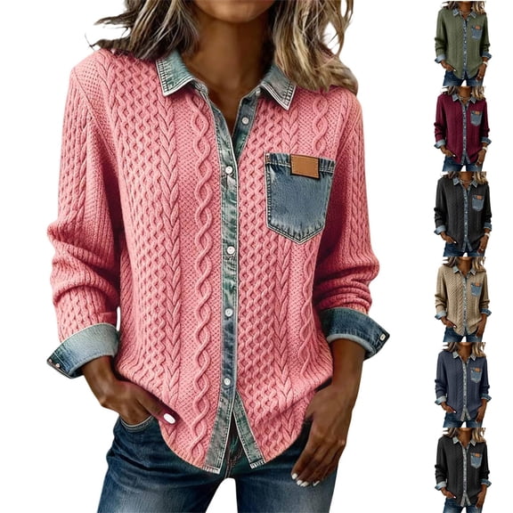 LEAVINGSUO Womens Open Front Cardigan Coat Fall Winter Solid-Color Patchwork Denim Shirt -Versatile Long-Sleeved Jacket Navy S