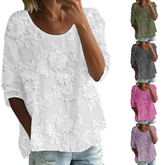 Women's 3/4 Sleeve Top Flowy Casual Summer Boho Floral Loose Cute Plus Size Pleated Blouse Shirts by Yigetop Dark Gray L