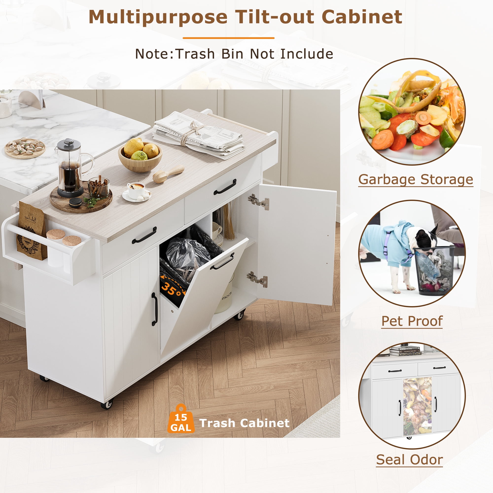 Aukfa Rolling Kitchen Island Table on Wheels with Drop Leaf & Trash Can, Storage Cabinet, White