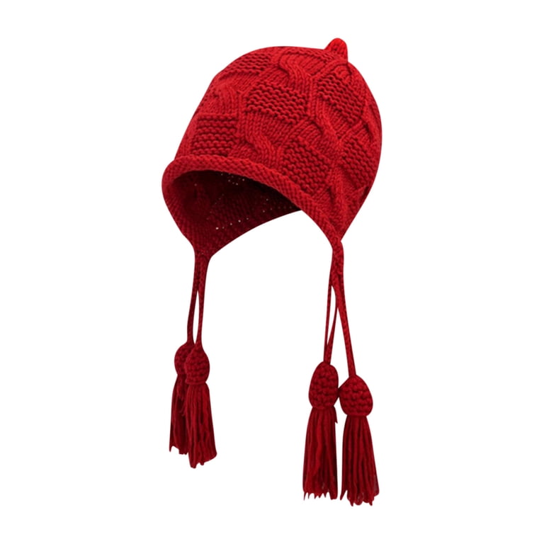 Xfvqtps Tassel Ear Flaps Hat for Womens Cuffed Knitting Solid