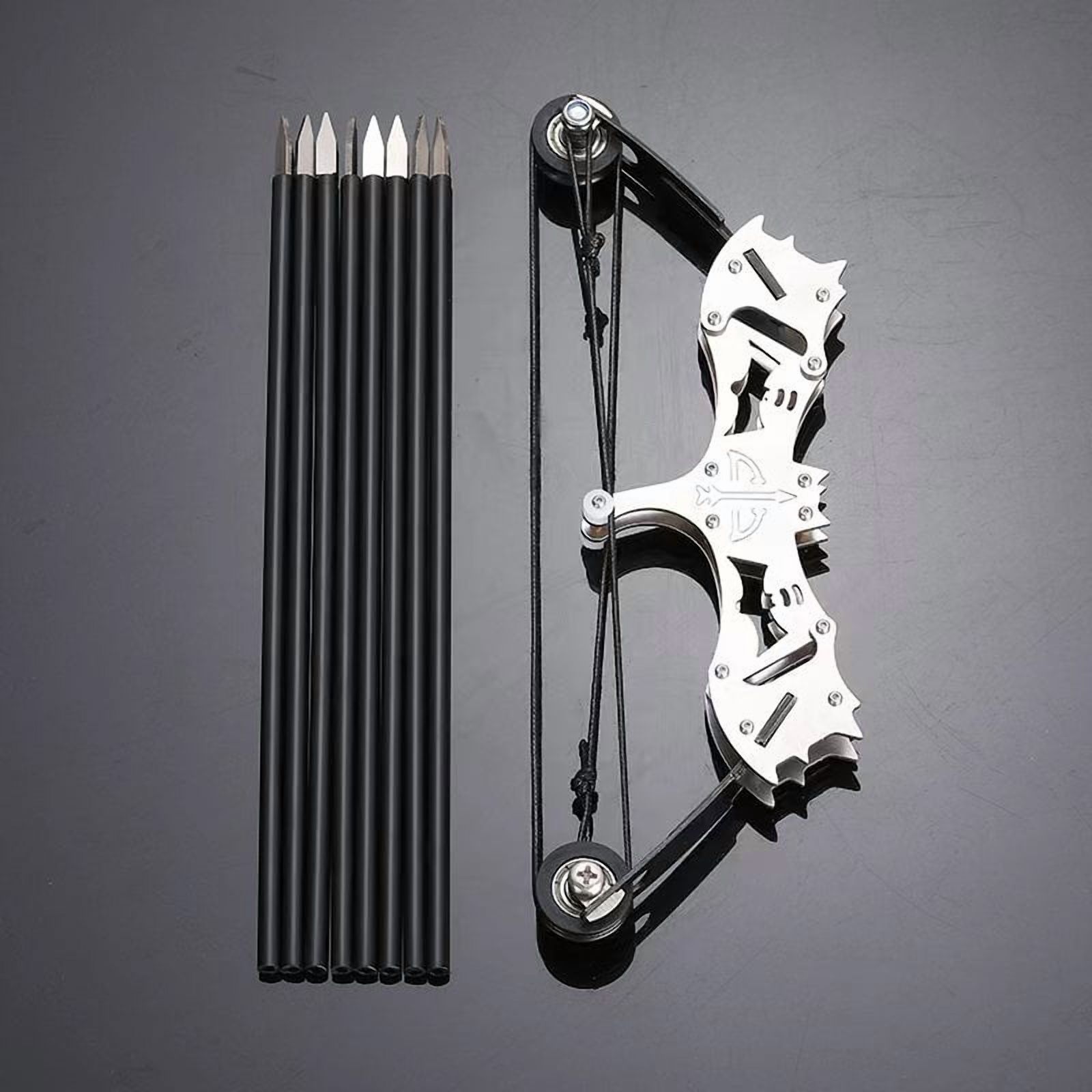 Mini Stainless Steel Bow Model Toy – Handheld Pull-and-Shoot Archery Set with Arrows – Fun Educational Desktop Toy for Ages 14+