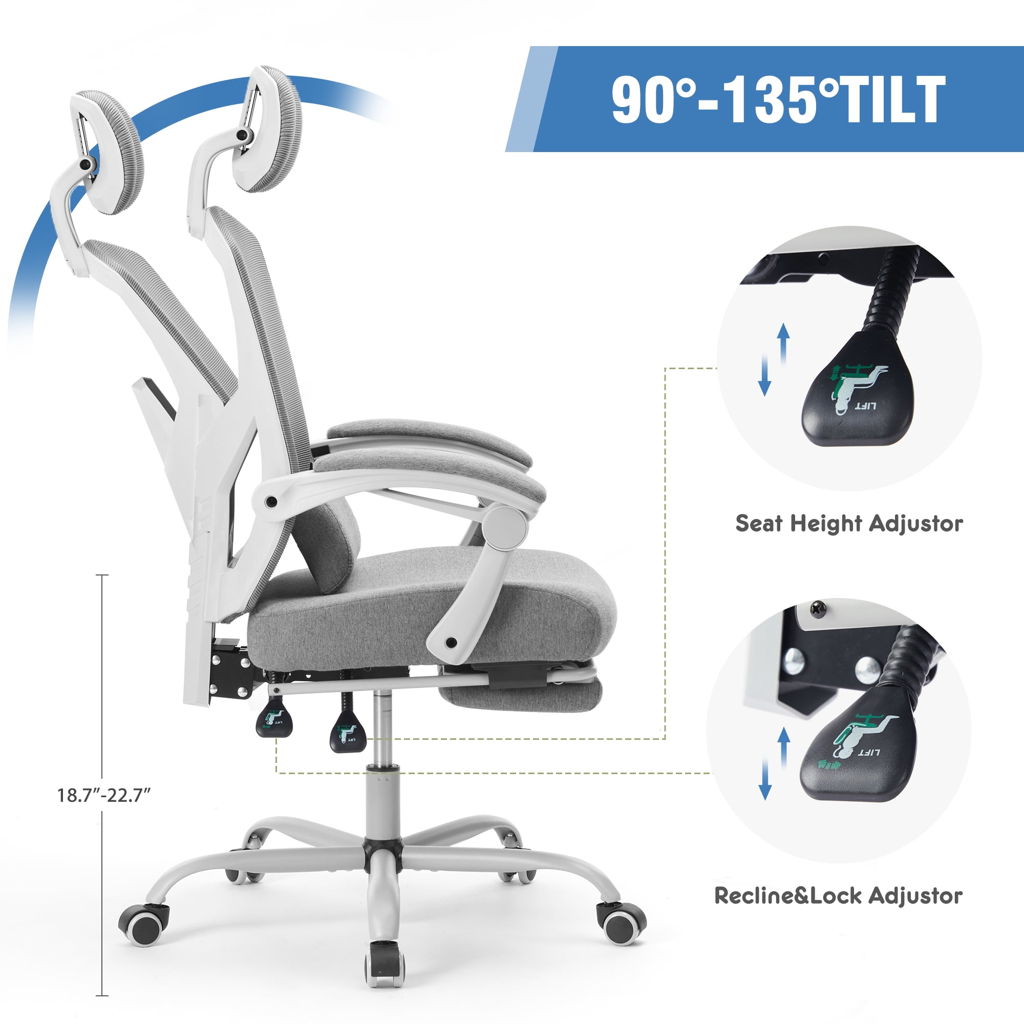 CONCETTA Ergonomic High Back Mesh Office Chair with Headrest, Footrest, Armrests for Adults, Gray