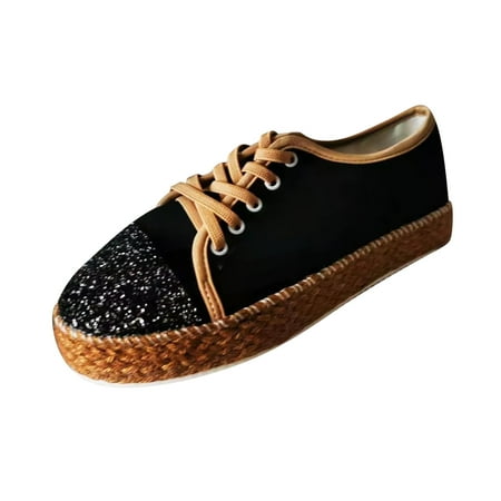 

KBKYBUYZ Women Fashion Bandage Splicing Sequins Sports Casual Flat Heel Single Shoes