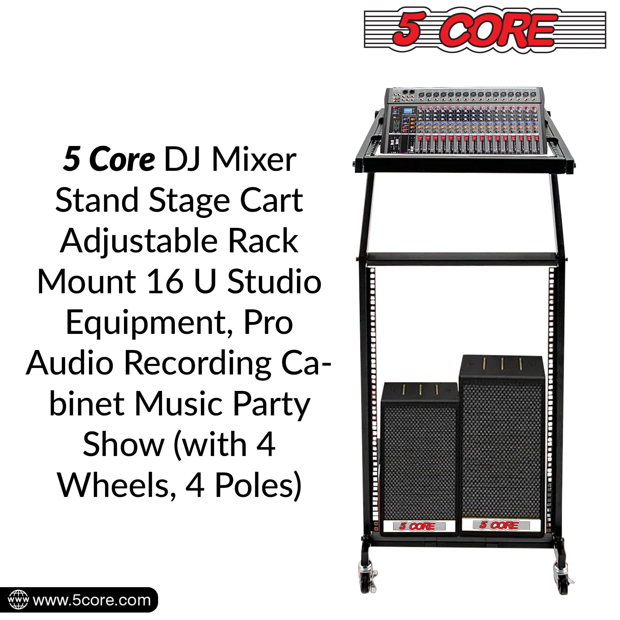 16U Professional Audio Rack Mount DJ Mixer Stand Studio Adjustable Table Cart with Wheels - RACK STAND 16U