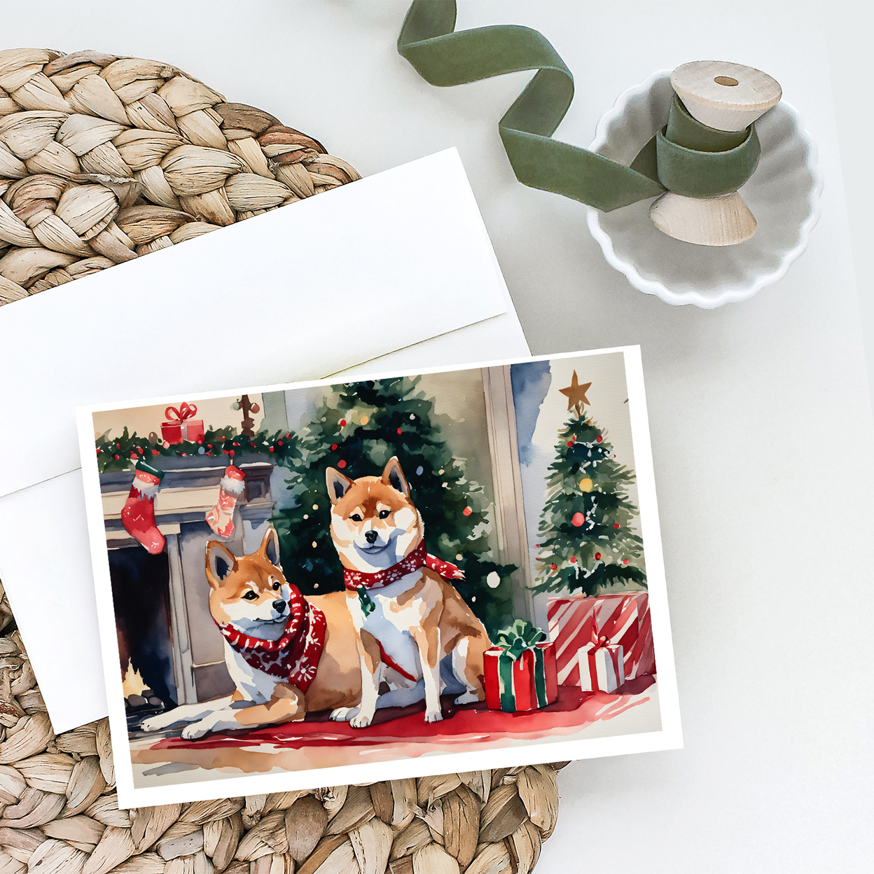 Shiba Inu Cozy Christmas Greeting Cards Pack of 8 7 in x 5 in
