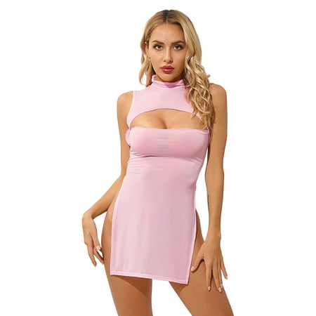 YiZYiF Womens Ultra Thin Cutout Chemise Lingerie Silky High Slit Nightgown Cheongsam Dress Pink One Size