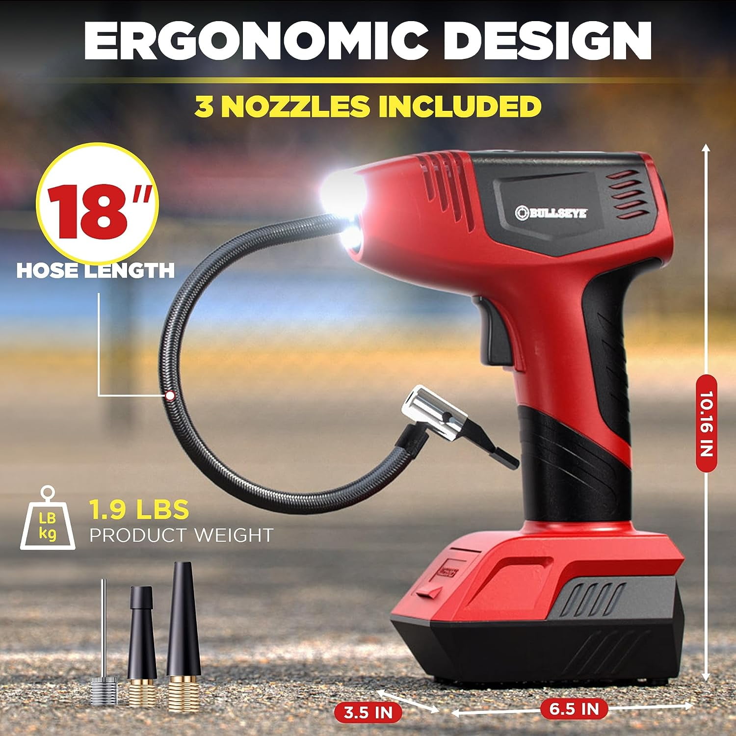 Bullseye Pro Tire Inflator 150 PSI Electric Air Compressor Portable Air Pump Car Bike LED 12V DC Red