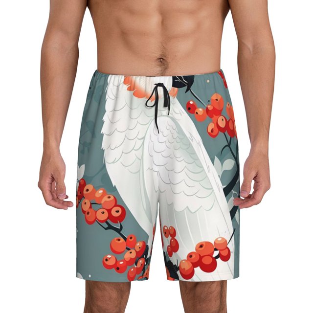 Balery Cockatoo Red Berries Pantalones cortos de pijama de punto de algodón para hombre con cinturilla y bolsillos-Small