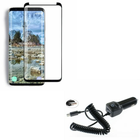 Screen Protector Car Charger - Compatible With Samsung Galaxy S9 - Tempered Glass Screen Protector 5D Touch w 3.1Amp Type-C DC Car Charger w USB Port