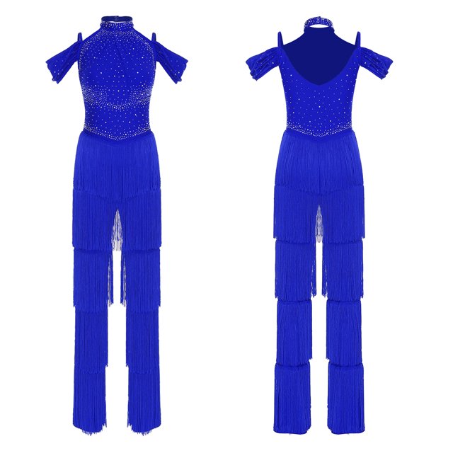 inlzdz Women's Rumba Latin Dance Rhinestones Sleeveless Tassel Jumpsuit Rompers Royal Blue M