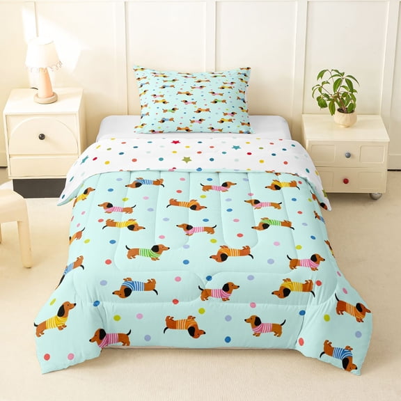 Homewish Funny Dachshund Animal Twin Comforter Sets,Polka Dot Bedding Set,Light Blue,Polkadot Reversible,2-Piece,1 Comforter and 1 Pillowcase