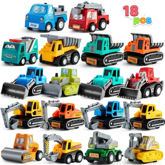 Joyfy 18 Pcs Toy Cars for kids, Friction Pull Back Play Car Vehicle Party Favors, Mini Excavator Toy Trucks for Boys 3 4 5 6 Years Old