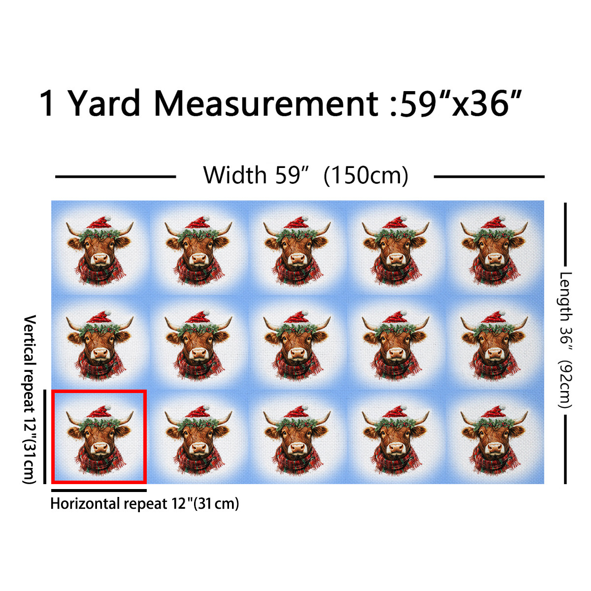 jejeloiu Highland Cow Fabric (10 Yard),Xmas Hat Red Brown Sewing Fabric For Teens