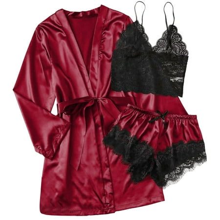 ASFGIMUJ Women  Silk Satin Pajamas Set 3Pcs Lingerie Floral Lace Sleepwear With Robe Size XL