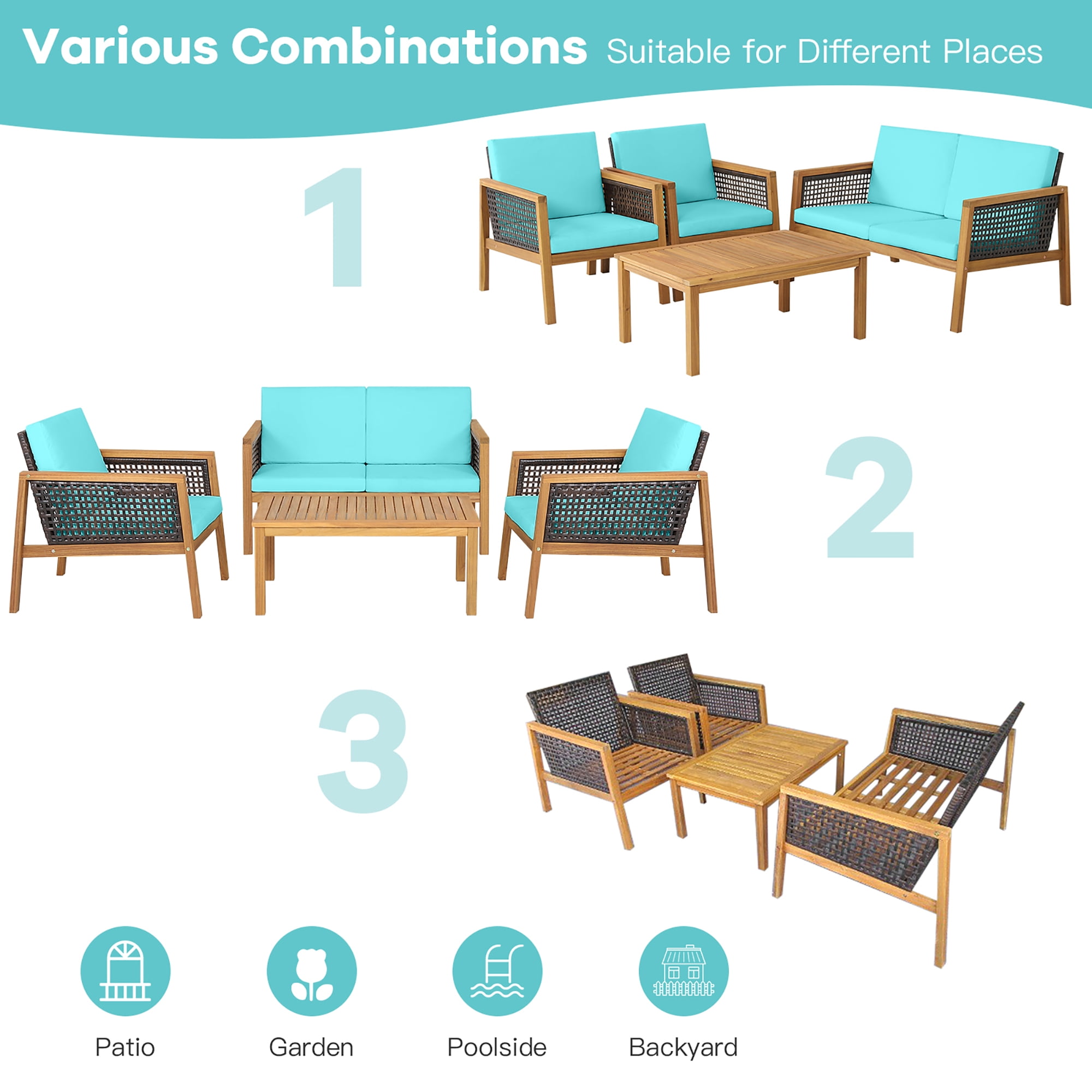 Costway 4PCS Patio Rattan Furniture Set Acacia Wood Cushioned Sofa Turquoise