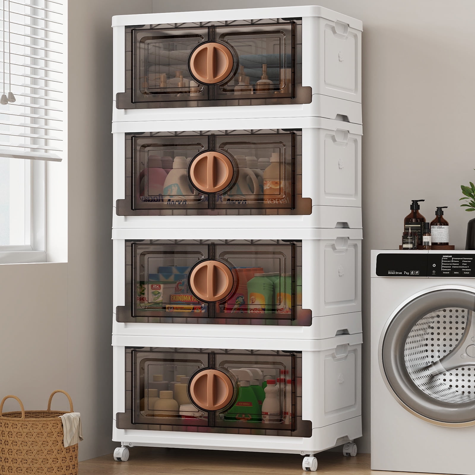 BROVIEW V9 120Gal Stackable Storage Bins, Plastic Collapsible Storage Bins with Lids and Wheels, Clothes Organizers and Storage Drawer, Folding Cabinets with Doors for Home, 4PCS Brown