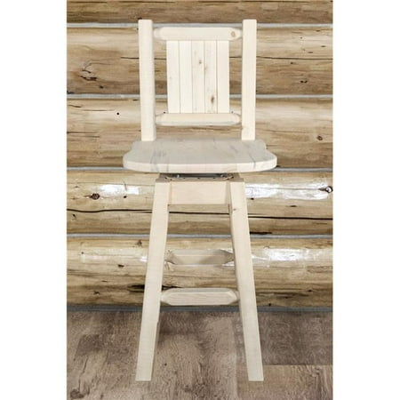 Laser Engraved Beer - Montana Woodworks Homestead Collection Counter Height Barstool w/ Back & Swivel w/ Laser Engraved Bear Design, Clear Lacquer Finish