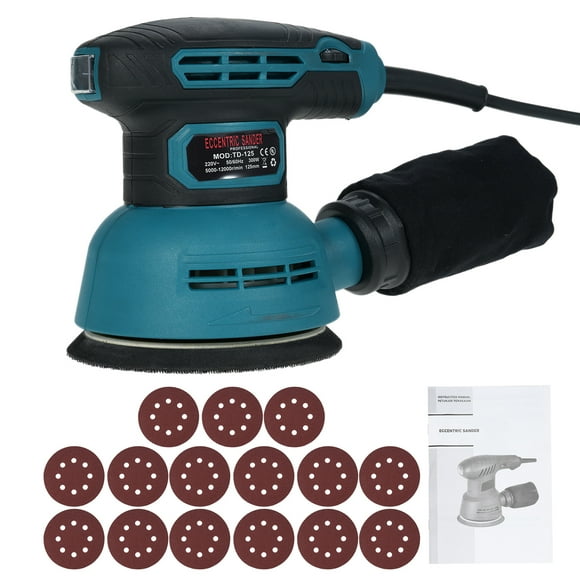 yeacher 5-Inch Electric Polishing Sander with 6 Adjustable Speeds, 300W Power, 8 Dust Extraction Holes, Includes 15 Sandpapers (60# to 400#), 125mm Sticky Disk, US/EU Plug Options, ABS Material, Blue
