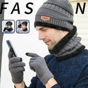 GOTYDI 3 in 1 Winter Hat Scarf Gloves Set for Men and Women Warm Beanie Hat Fleece Knit Skull Cap Mittens Circle Scarves Touchscreen Gloves Black