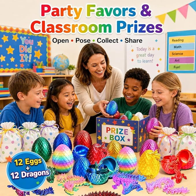 12 Pack 3D Printed Dragon Eggs – Articulated Fidget Dragons Inside Surprise Eggs, Flexible Poseable Toys for Sensory Play, Party Favors Classroom Prizes Collectible Desk Toys for Kids
