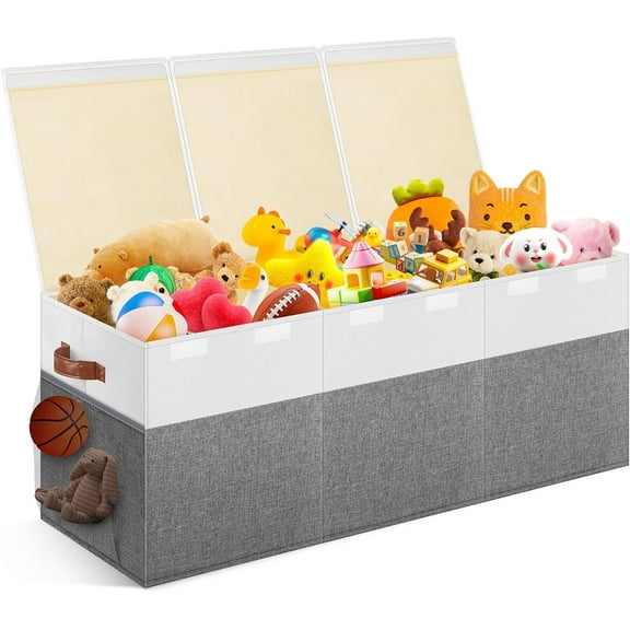 Extra Large Toy Storage Box with Lid, Collapsible Sturdy Toys Chest Storage Organizer Bin Basket with Divider for Kids, Boys, Girls, Closet, Playroom, Bedroom, Nursery, 40"X14"X16", Gray & White