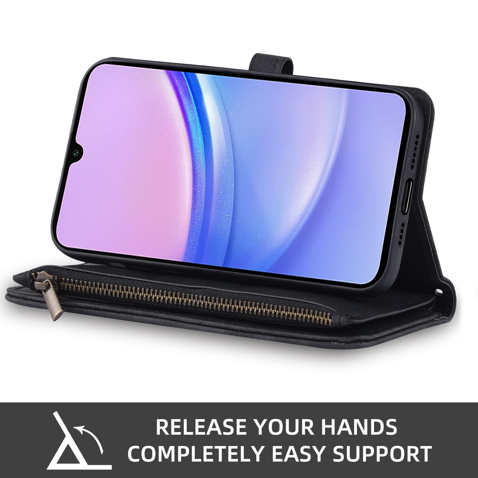 Asuwish Phone Case for Samsung Galaxy A15 5G/4G Wallet Cover With Tempered Glass Screen Protector Crossbody Wrist Strap Flip Pattern Zipper Credit Card Holder Stand Cell A 15 G5 15A Women Men Black