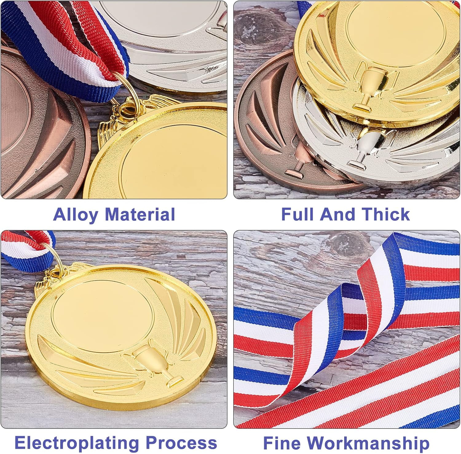 12Pcs 3 Colors Zinc Alloy Blank Award Medals with Polyester Cord Flat Round with Trophy Pattern Mixed Color 19.76 inch(50.2cm) 4pcs/color