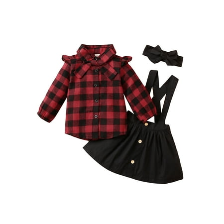 

CenturyX 2PCS Toddler Baby Girl s Christmas Outfits Red Plaid Long Sleeve Bowknot Neck Shirt+Suspender Strap Skirts+Headband Red Black 2-3 Years