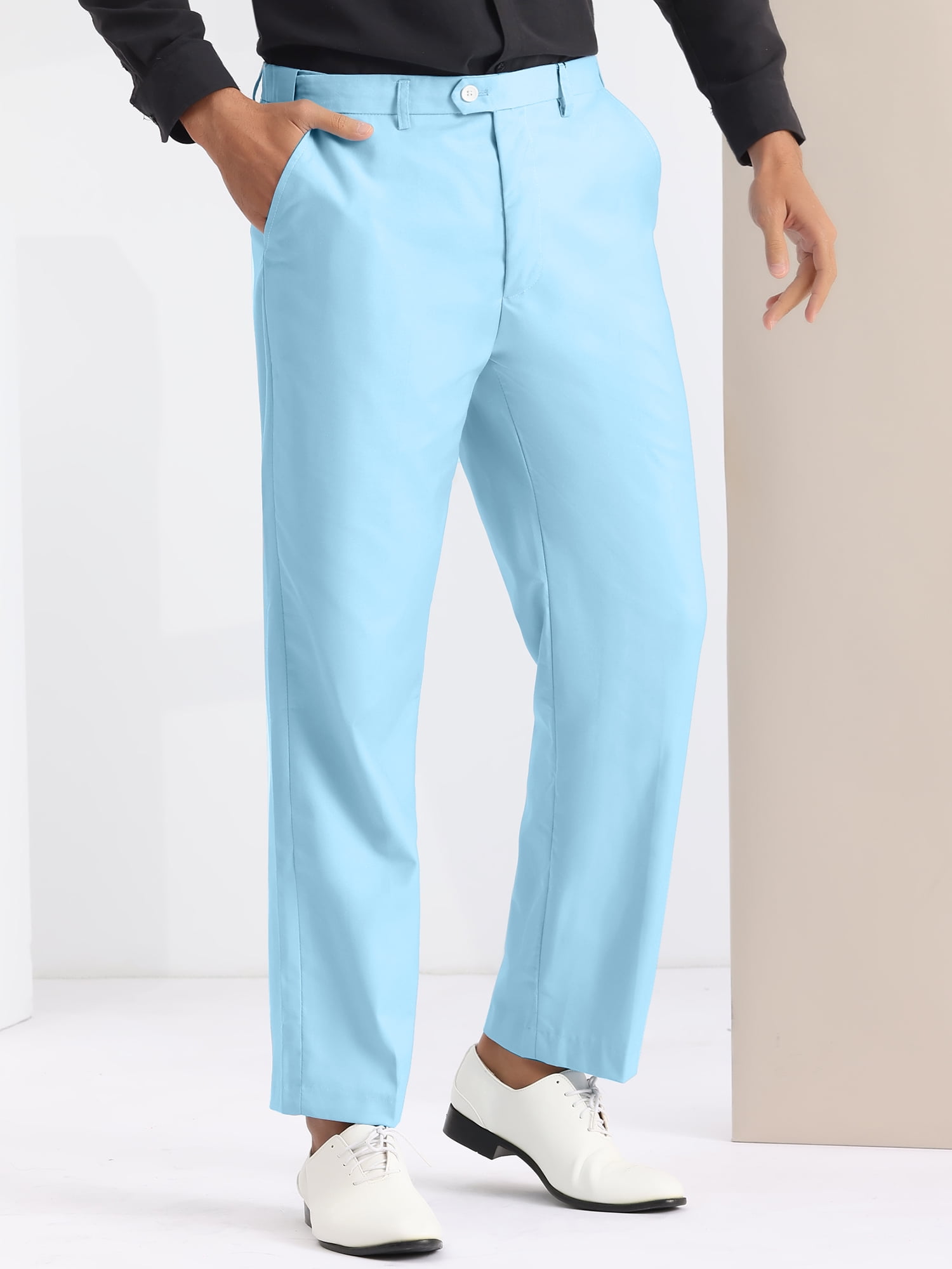 Unique Bargains Men's Dress Pants Slim Fit Flat Front Chino Business Wedding Suit Pants 28 Light Blue