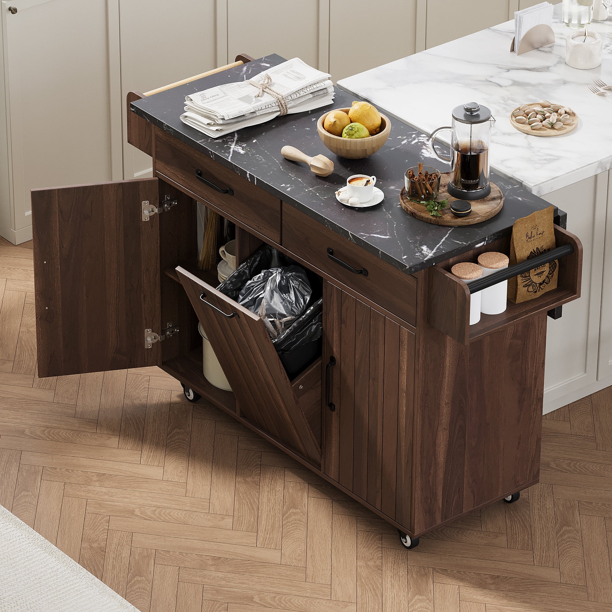Leumius Kitchen Island with Trash Can Storage Cabinet, Kitchen Cart with Drop Leaf, Spice Rack, Towel Rack and Drawer, Rolling Kitchen Island on Wheels with Adjustable Shelf, Walnut