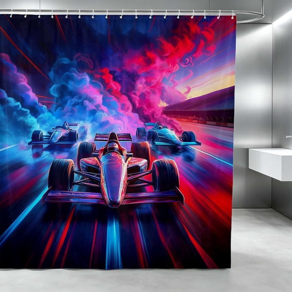 Erosebridal Formula Car Shower Curtain 72Wx72L, Race Track Bathroom Curtain, Colorful Smoke