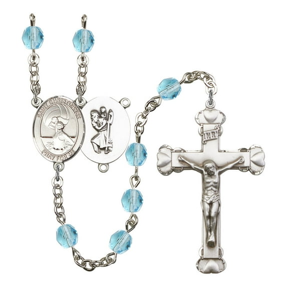 ST. CHRISTOPHER/Water Polo-Women Silver-Plated Rosary 6mm March Light Blue Fire Polished Beads Crucifix Size 1 5/8 x 1 medal
