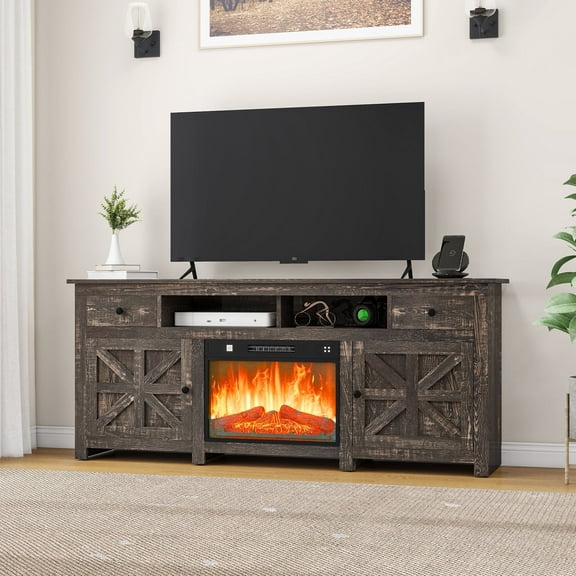 Uforic TV Stand for Large Screens up to 80", Console with Fireplace and Storage, 70" Brown