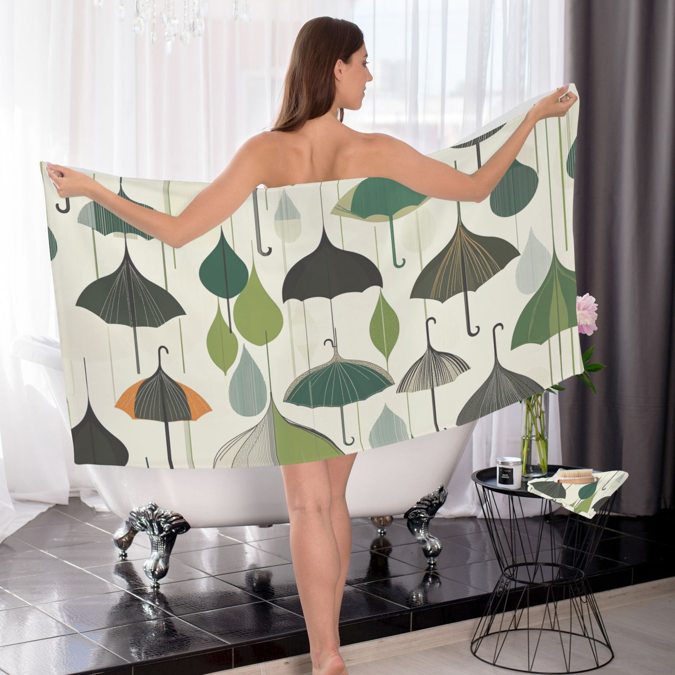 Stylized Umbrella 2 Piece Cotton Bath and Face Towel Set Soft and Absorbent, for Beach Pool Bathroom