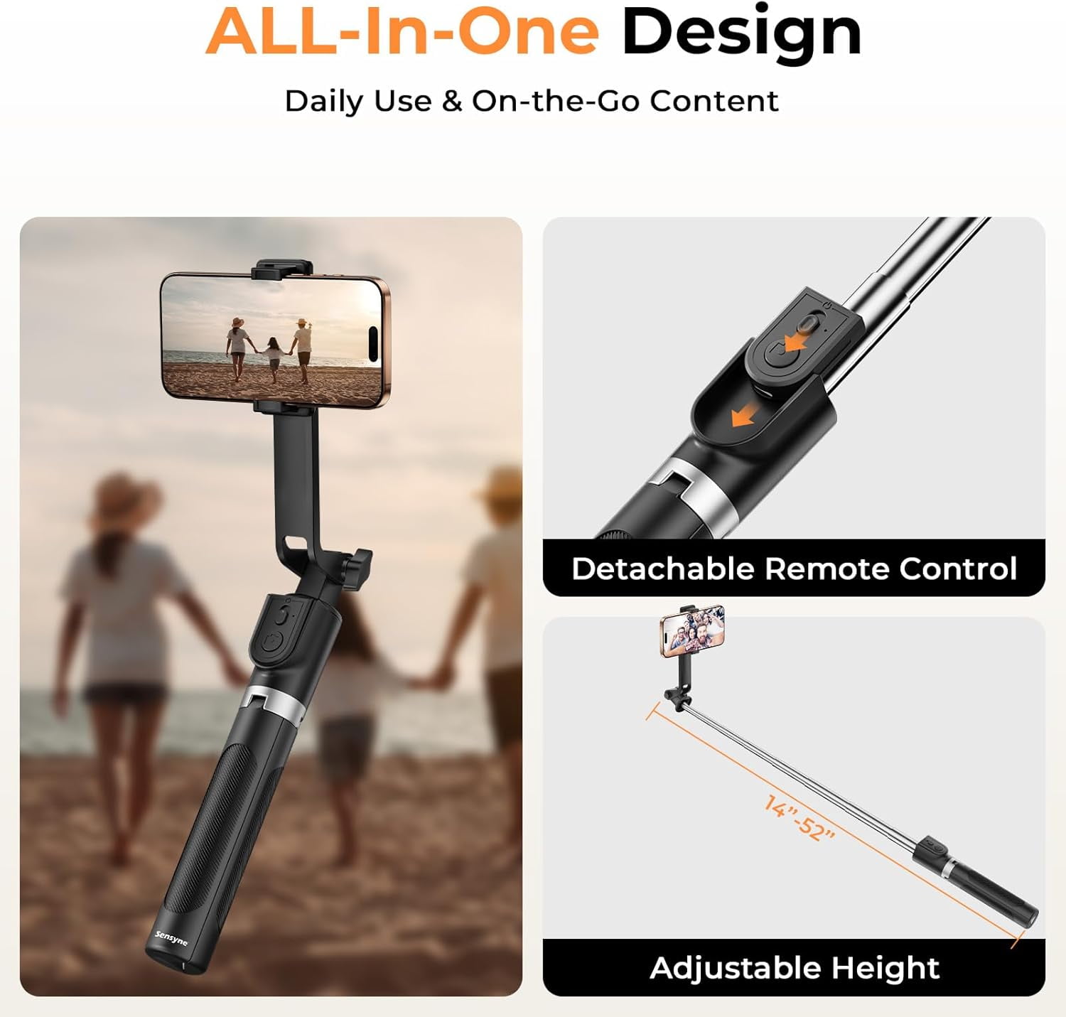RGHJAR-Sensyne Selfie Stick for Phone, Extendable Travel Tripod with Detachable Remote for Photography, Selfies, Compatible with All Cell Phones, Black