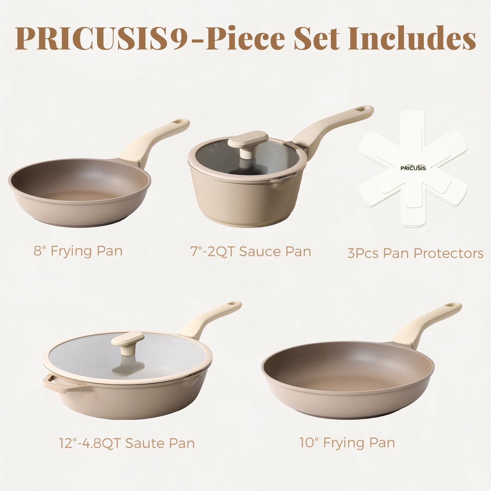 PRICUSIS 9 Pieces Cookware Sets, Nonstick Pots and Pans Set, Honey Blush