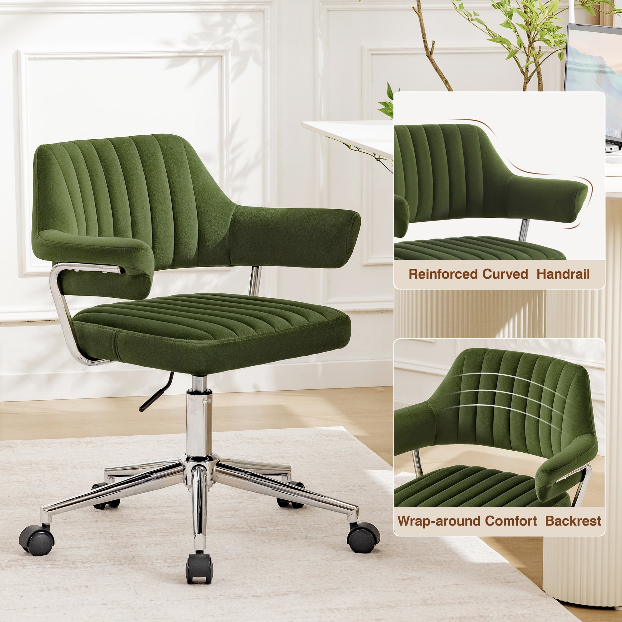 ATHOPE Home Office Desk Chair, Modern Office Chair with Wheels, Small Comfy Desk Chair with Arms, Low Back Computer Chair, Swivel Flffy Vanity Chair, Green