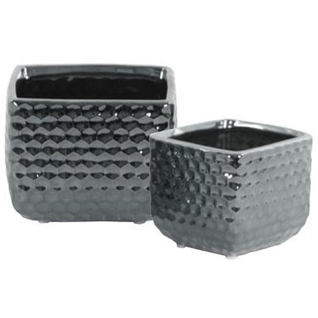 Urban Trends Collection 25038 Ceramic Square Vase with Engraved Diamond Design Body, Silver - Set of 2