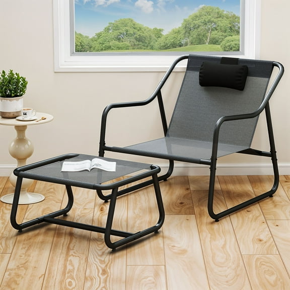 Craftian Outdoor Wicker Chaise Lounge Patio Lounge Chair with Ottoman,Camp Chairs for Balcony Porch Garden, Black