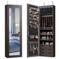 Giantex 5 LEDs Mirror Jewelry Armoire Wall Door Mounted, Lockable Jewelry Cabinet with 6 Drawers and Full Length Mirror, Large Capacity, Jewelry Organizer Box for Girls(Brown)