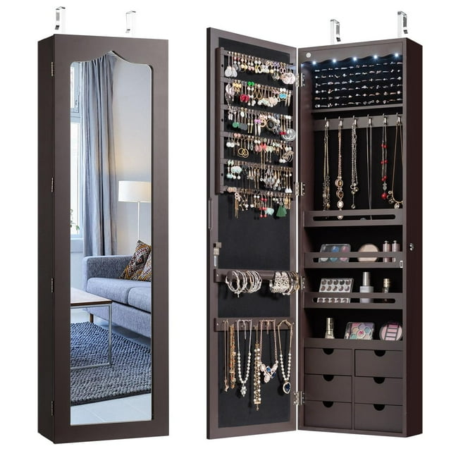 Giantex 5 LEDs Mirror Jewelry Armoire Wall Door Mounted, Lockable Jewelry Cabinet with 6 Drawers and Full Length Mirror, Large Capacity Jewelry Organizer Storage Jewelry Box with Drawers (Brown)