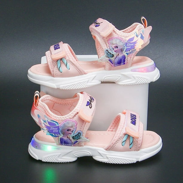 Disney zapatos para niños frozen elsa niñas sandalias con punta de malla zapatos de playa moda ins frozen princesa fondo suave led light sandals23-Insole 14.5 CM Gao Jinjia LED